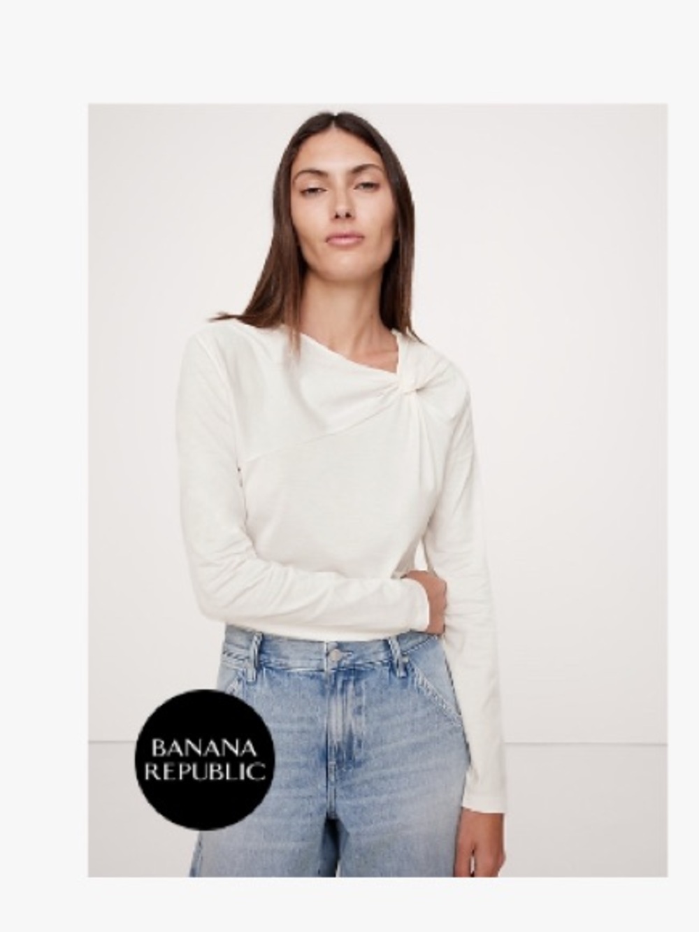 Banana Republic White/Cream Silky Long Sleeve Top with Knotted Shoulder Detail